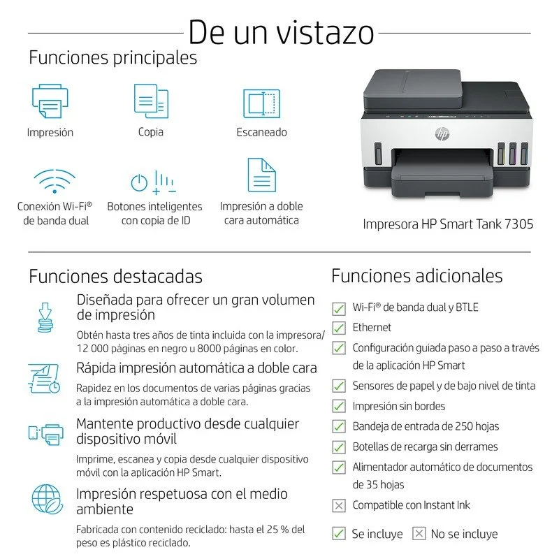 Impressora multifunció HP Smart Tank 7305 amb impressió a color, dúplex, i Wi-Fi