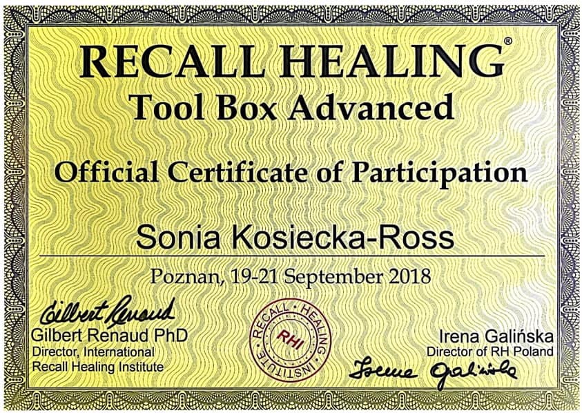 Certyfikat Recall Healing - Sonia Ross, Poznań, 2018.