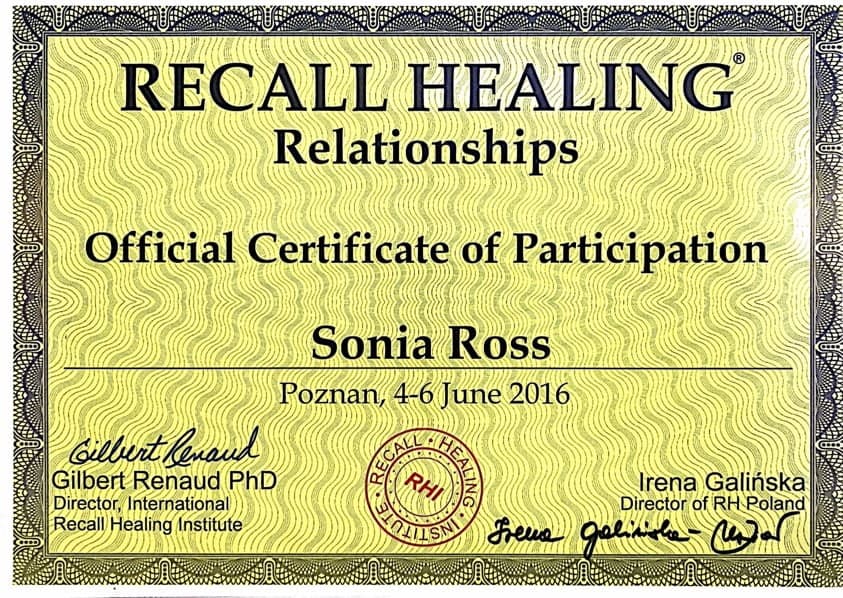Certyfikat Recall Healing Sonia Ross.