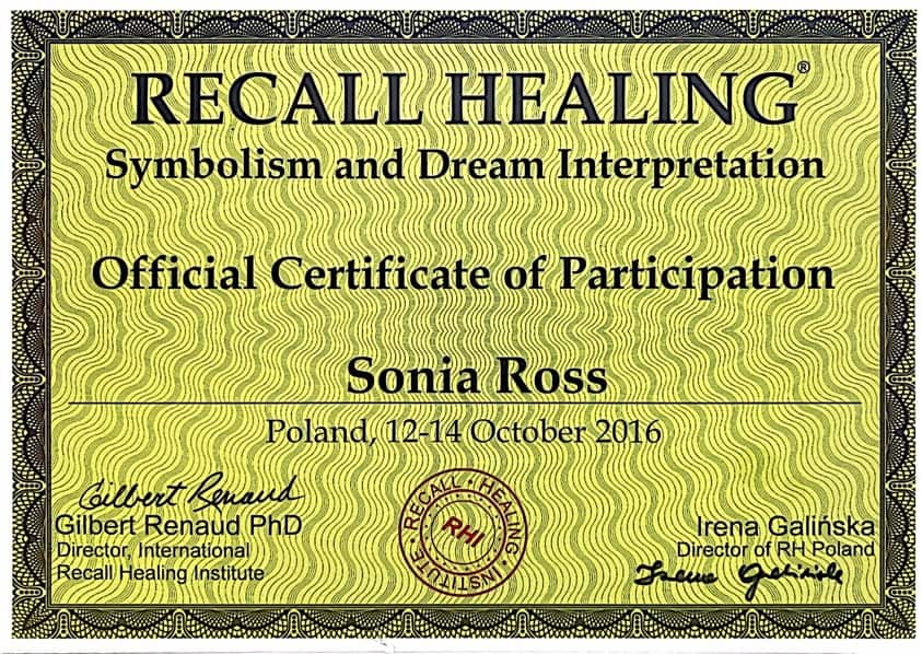 Certyfikat Recall Healing Sonia Ross, Polska 2016.