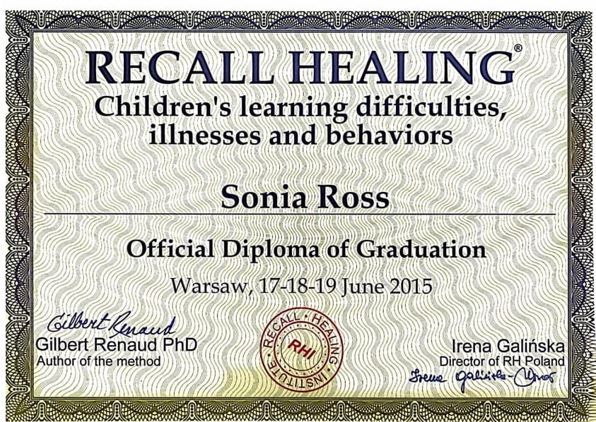 Dyplom Recall Healing dla dzieci z trudnościami zdrowotnymi.