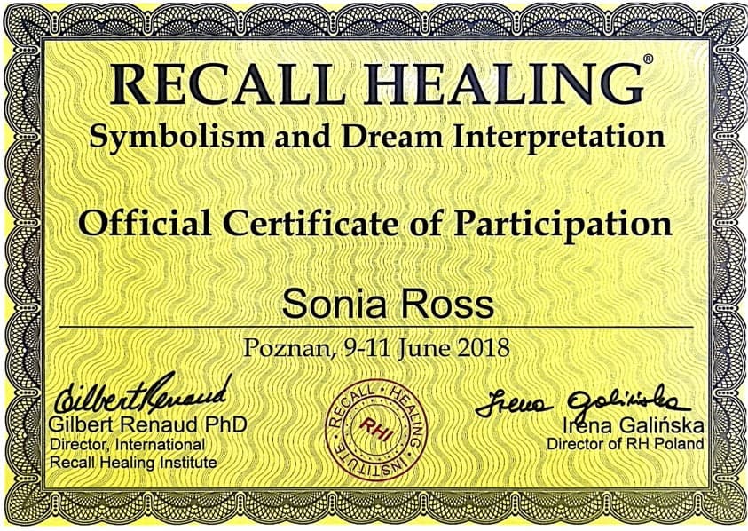 Certyfikat Recall Healing Sonia Ross Poznań 2018.