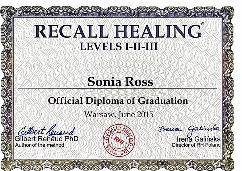 Recall Healing - certyfikat ukończenia szkolenia.