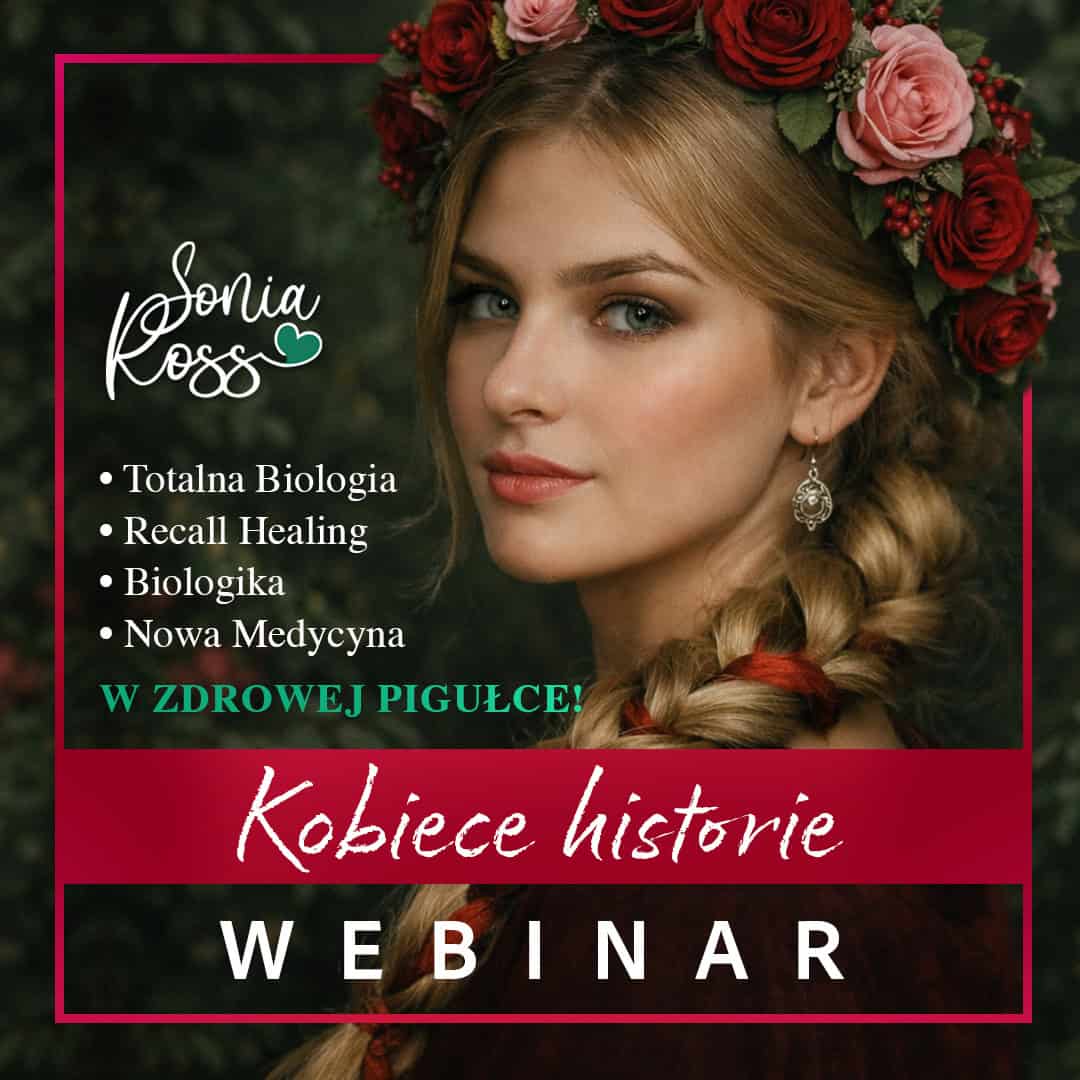 Kobieta z kwiatami na głowie, promująca webinar o Totalnej Biologii.