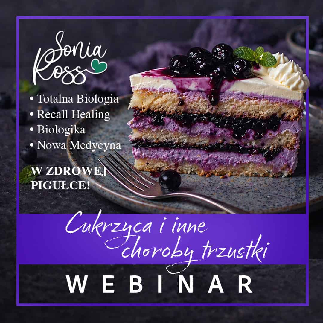 Ciasto jagodowe z kremem i owocami, promujące webinar o zdrowiu i biologiach.