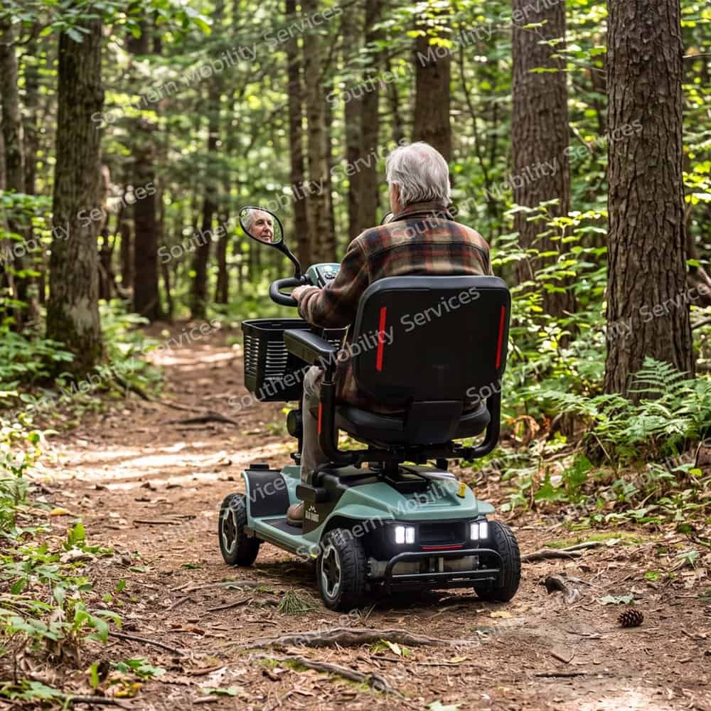 pride baja bandit 8mph portable mobility scooter in the woods southern mobility services