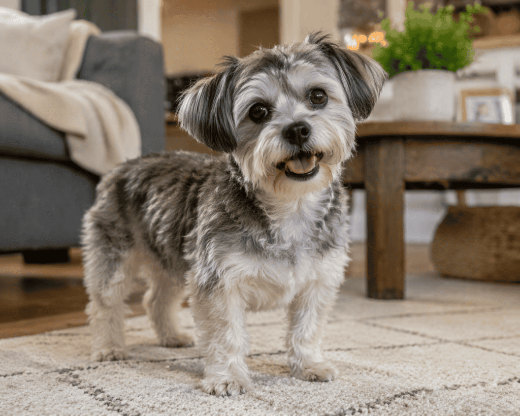 Heartkind In-Home Senior Pet Care Small senior dog standing comfortably at home during in-home veterinary care