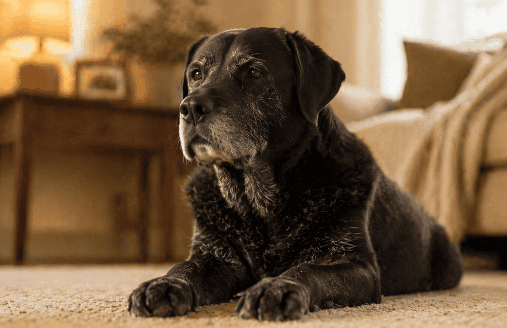Senior dog resting comfortably at home receiving hospice care