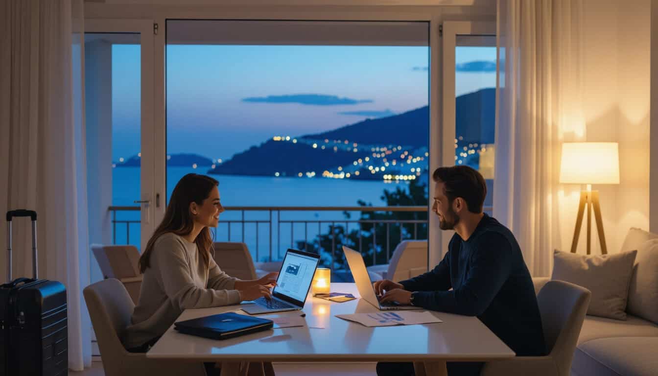 Ζευγάρι επαγγελματιών σε διαμέρισμα με θέα θάλασσα στην Καβάλα, εργάζονται με laptop σε τραπέζι