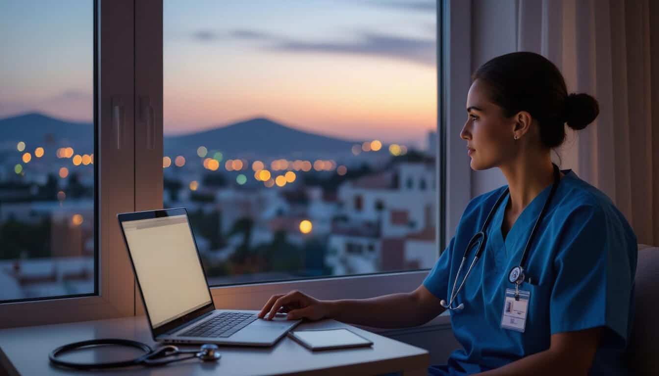 Νοσηλεύτρια σε επιπλωμένο δωμάτιο στην Καβάλα, εργάζεται σε laptop μετά τη βάρδια με θέα την πόλη