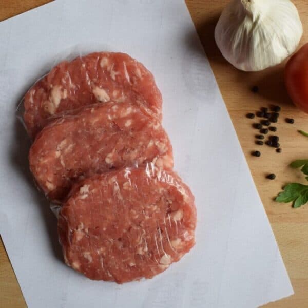 Tres hamburgueses de carn de porc artesanes