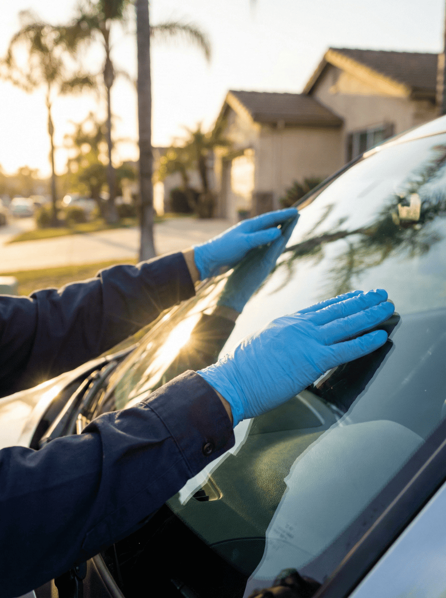 Windshield repair technician fixing a crack on a car windshield outdoors.