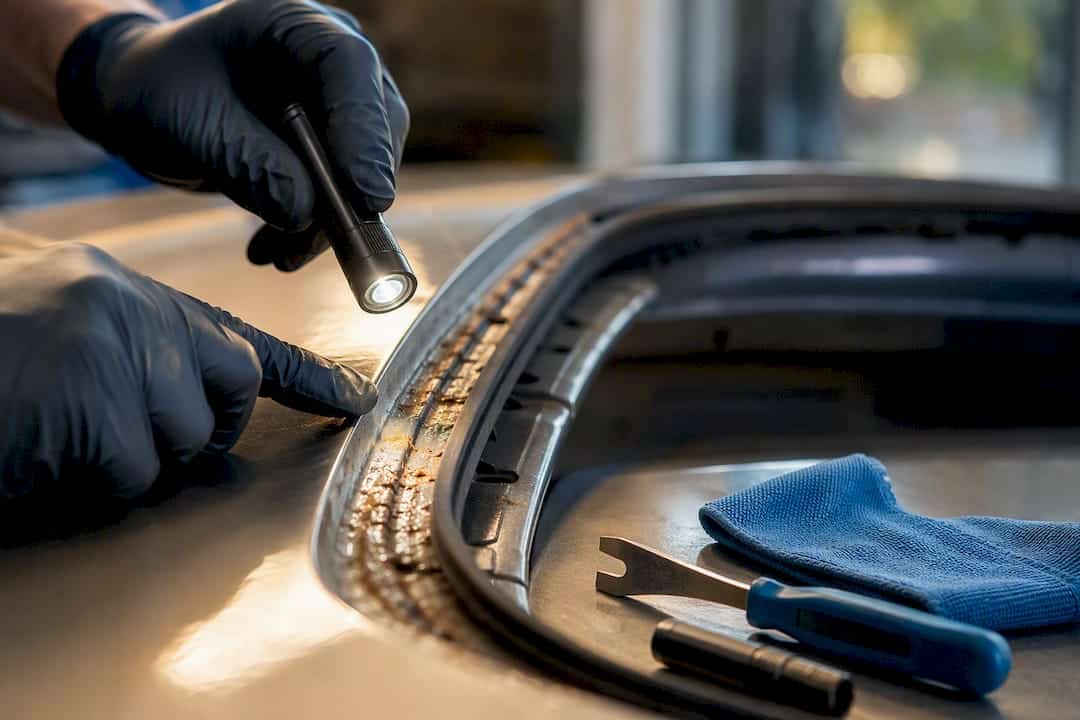 Technician inspecting corrosion at windshield frame