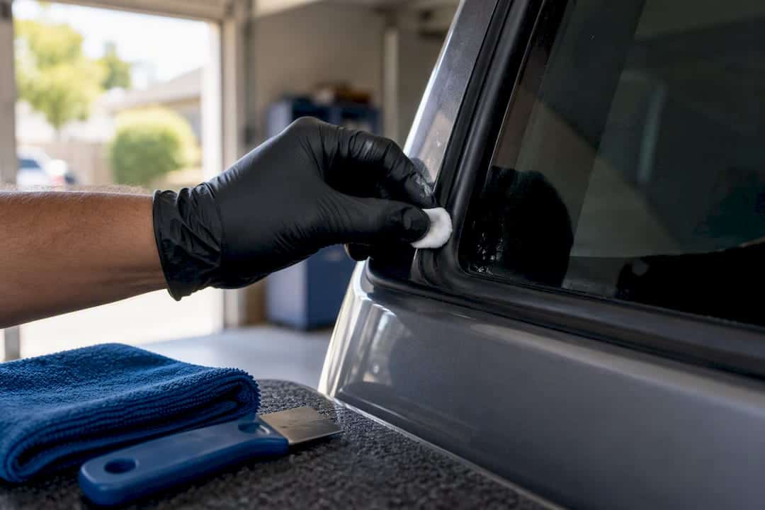 Technician removing old window tint from car window with cloth and tools.
