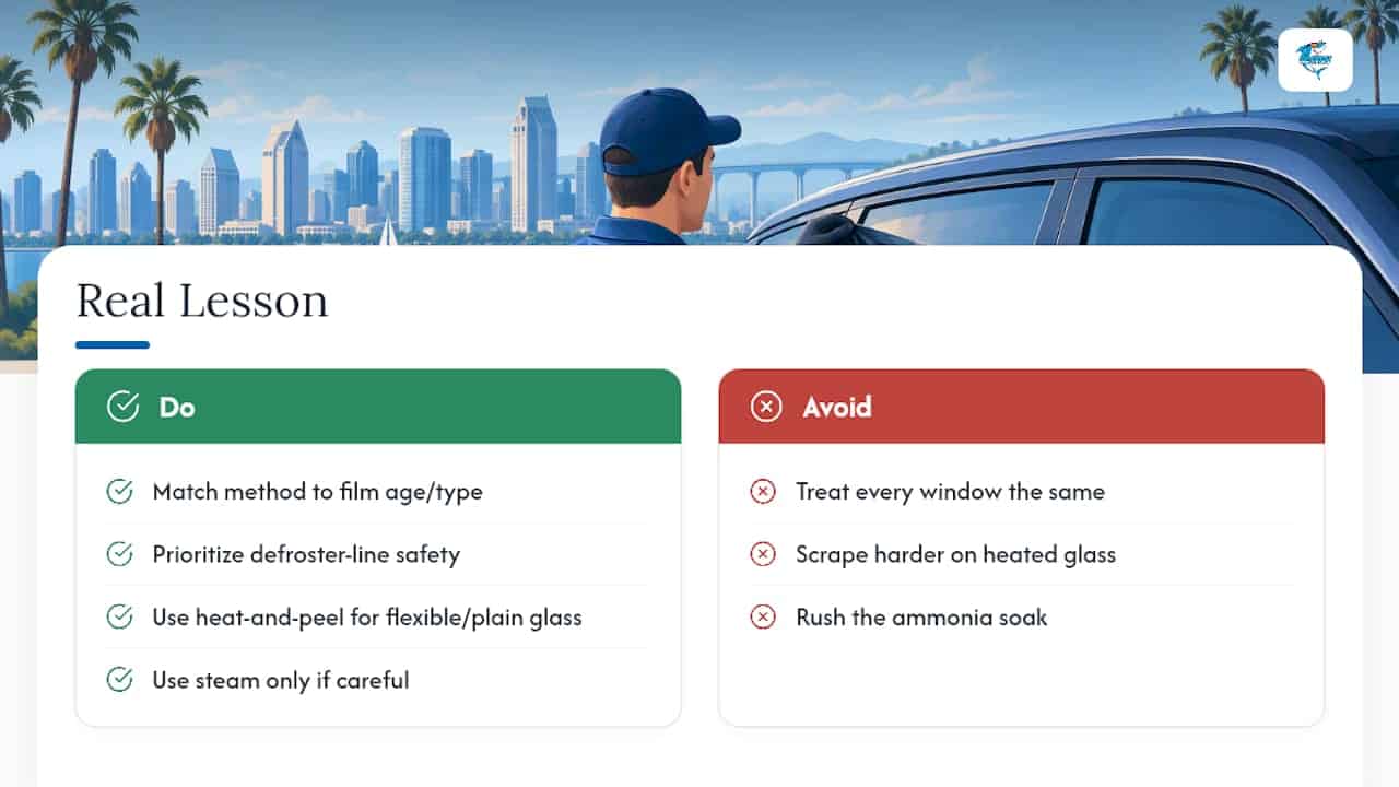 Person removing window tint from car in San Diego skyline background.
