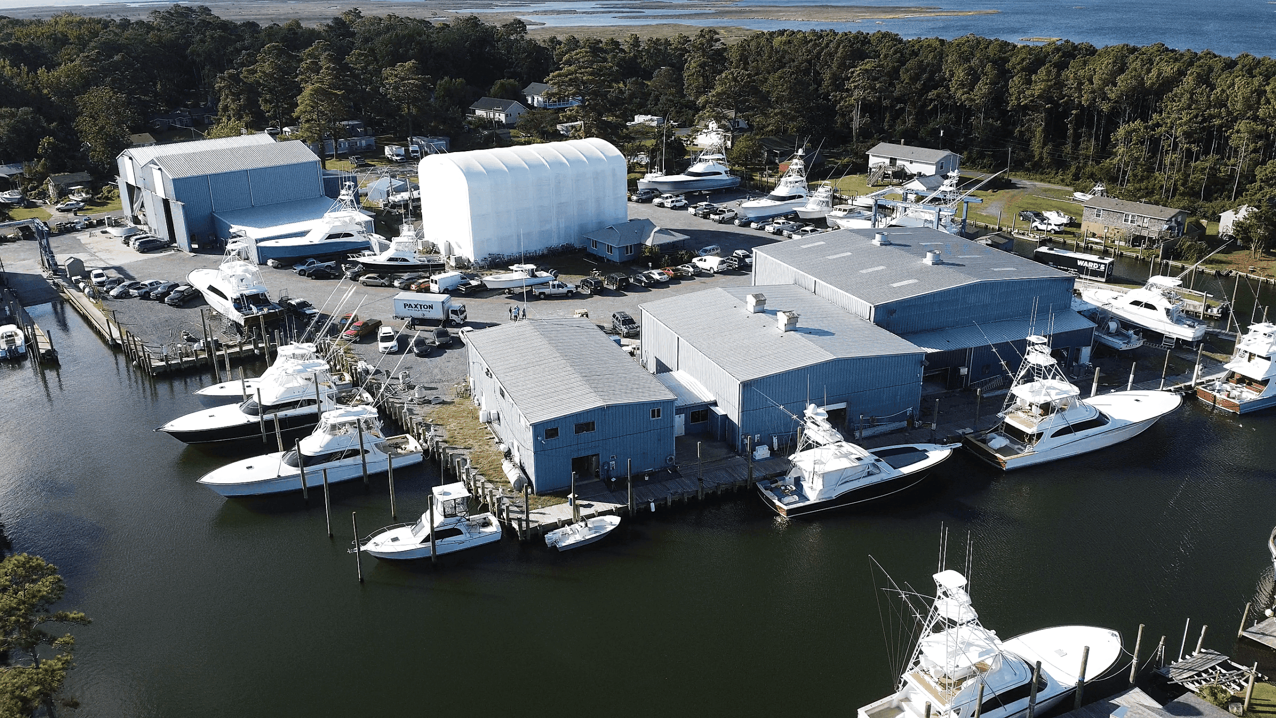 Aerial view of Spencer Marine boatyard in Wanchese NC