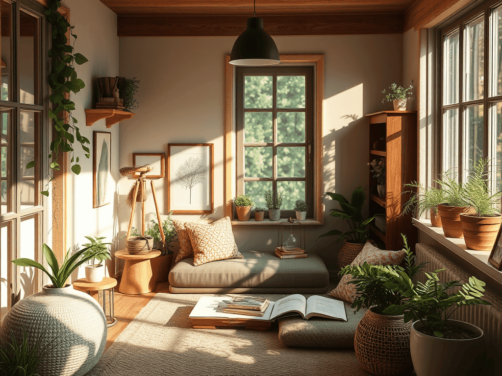 Cozy reading nook with indoor plants and sunlight, eco-friendly home decor for sustainable living.