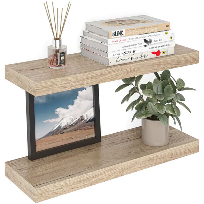 Simple wooden floating shelves on a wall