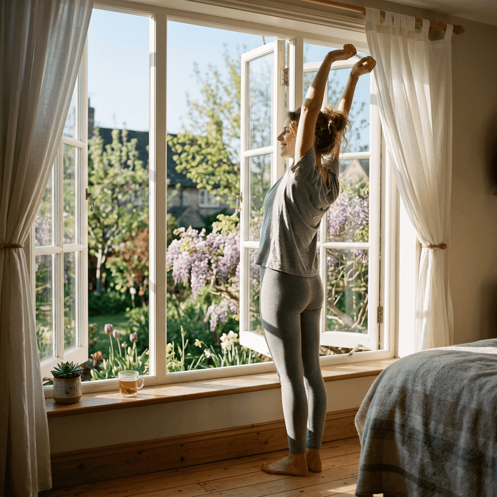 Woman stretching with arms raised beside open window in bedroom