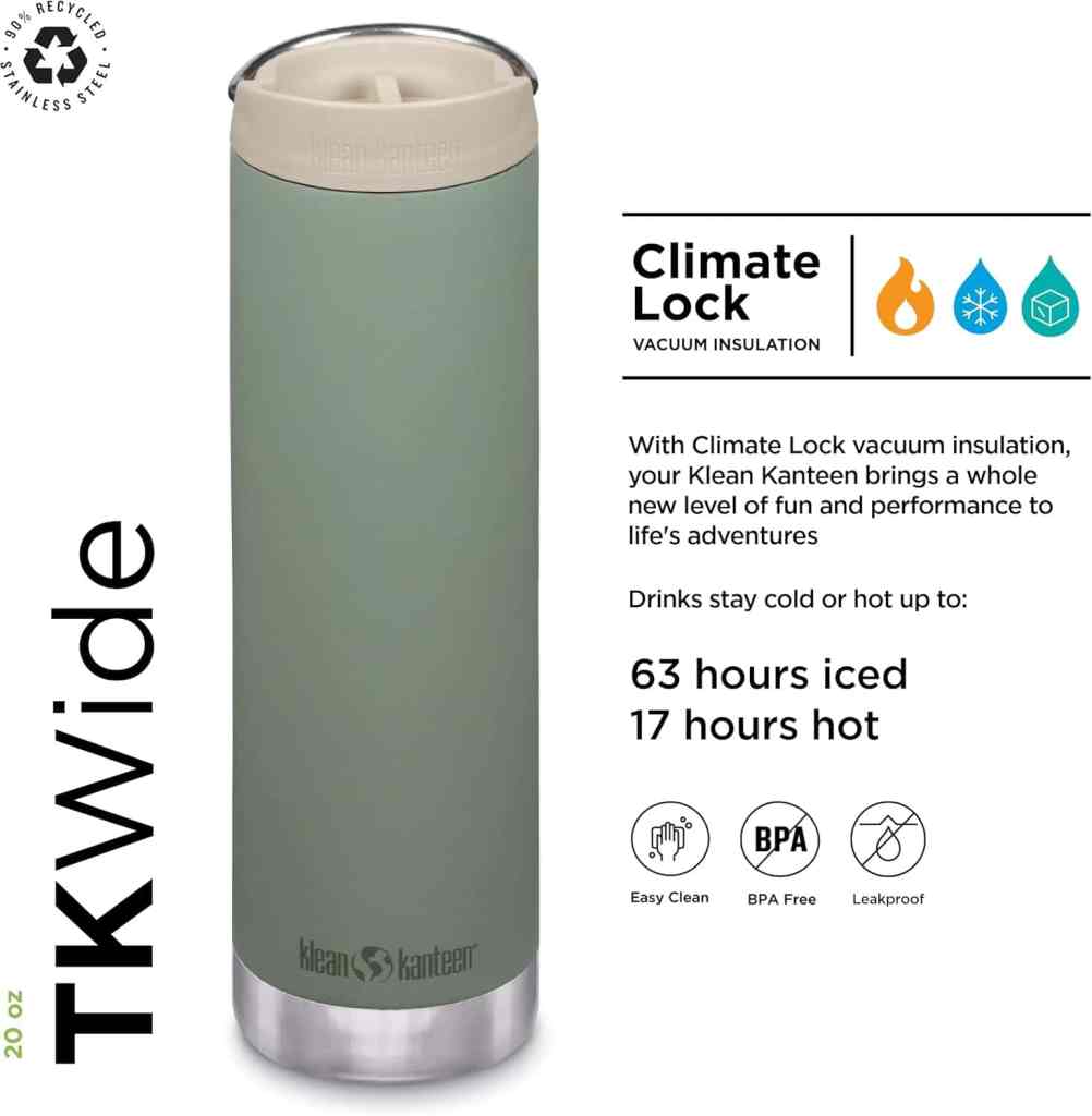 Klean Kanteen tkwide insulated stainless steel coffee tumbler with cafe cap for conscious consumer dad.