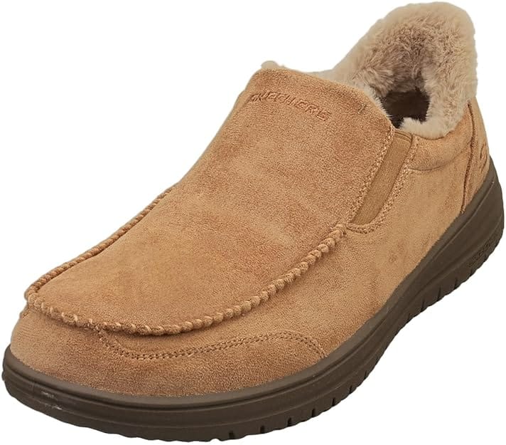 Skechers Murette Scofield mens slip on shoes in tan suede for comfort curator dad fathers day rest gift