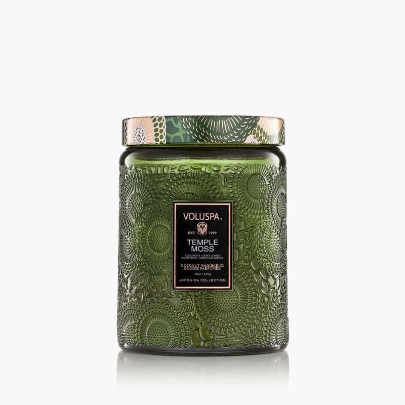 Voluspa Temple Moss large jar candle with smoky scent for intentional ritualist dad fathers day evening gift.