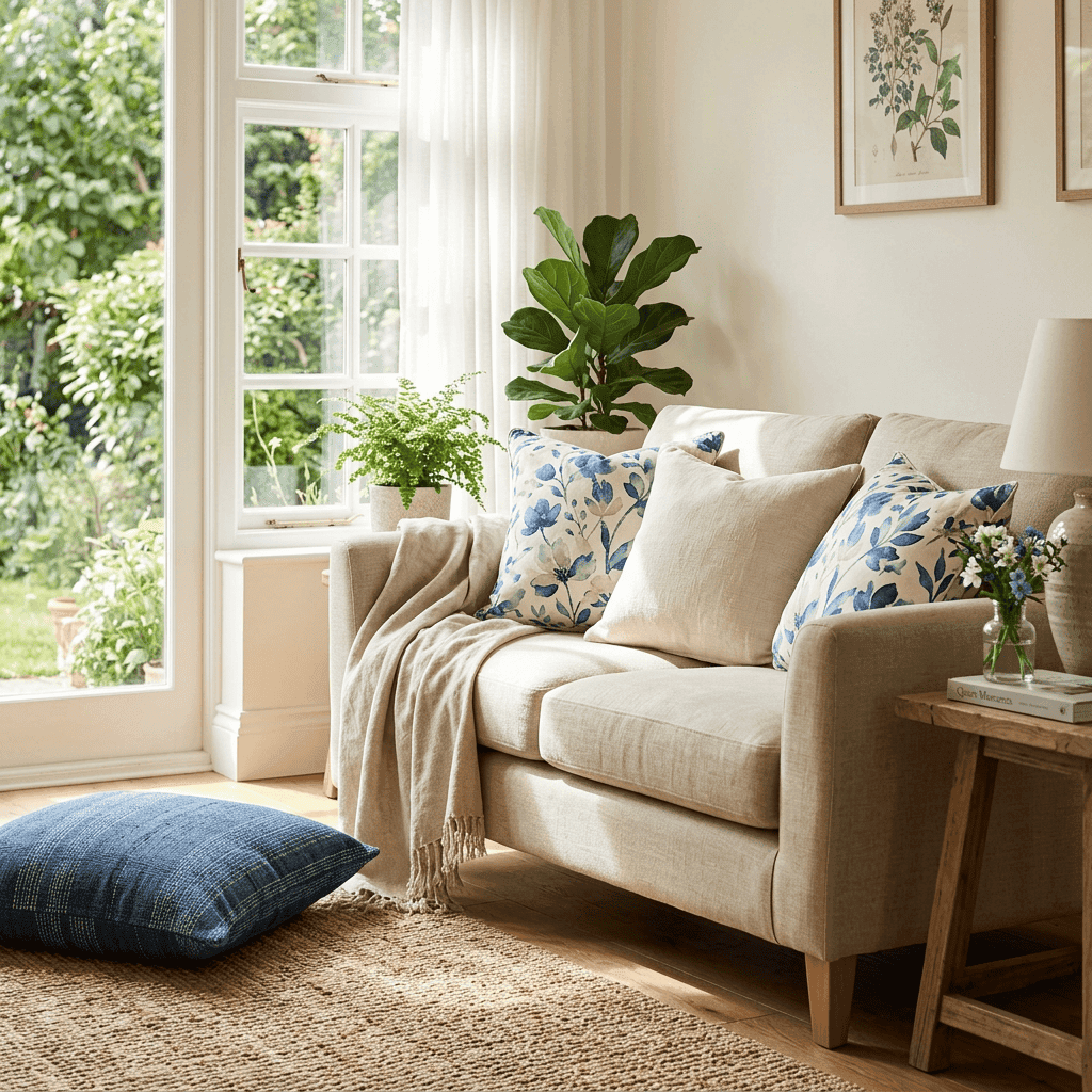 Beige sofa with blue floral pillows and green plants near sunlit window