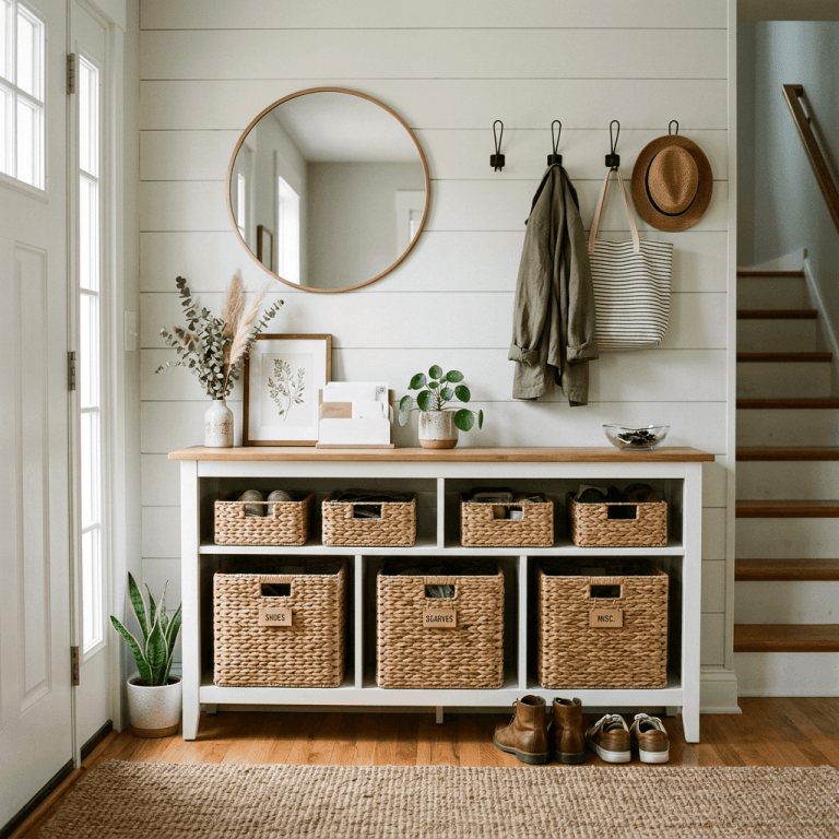 Entryway storage unit with labeled wicker baskets, coat hooks, plants, and shoes
