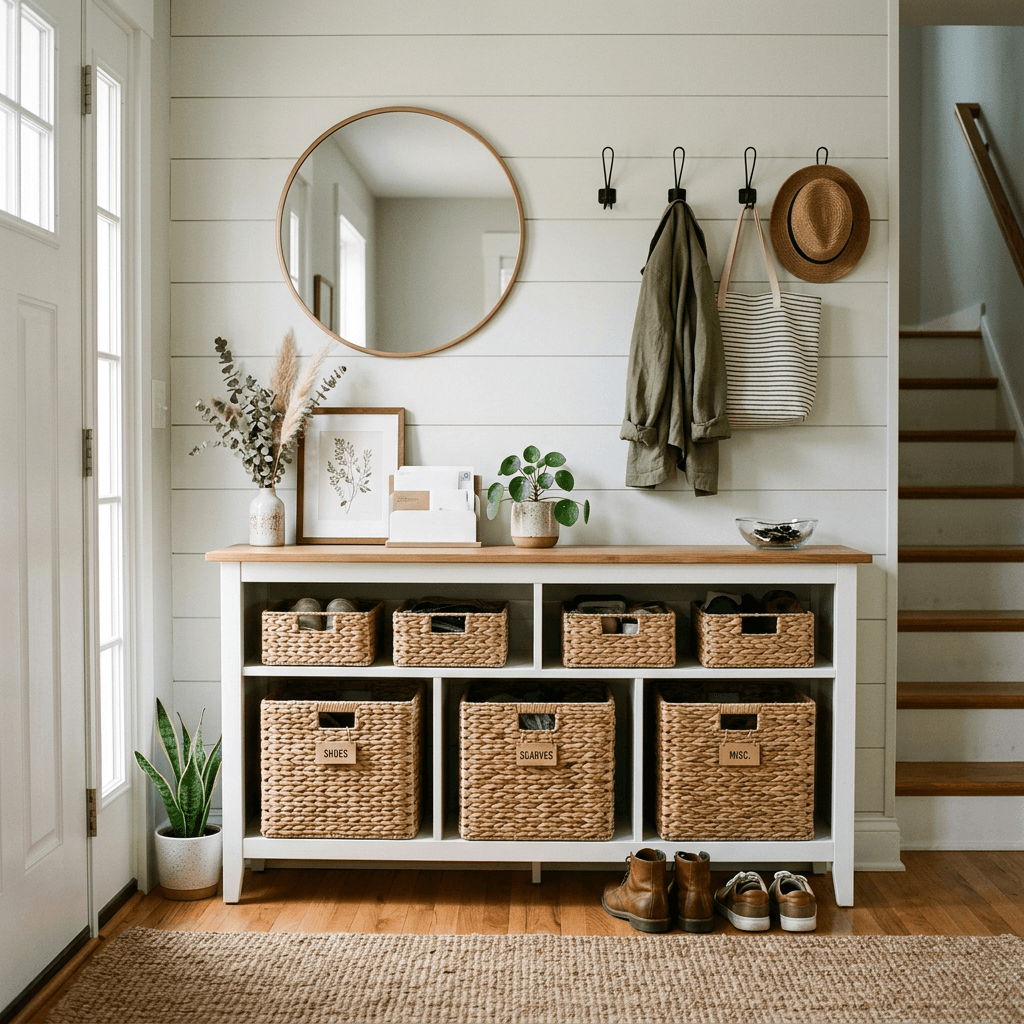 Entryway storage unit with labeled wicker baskets, coat hooks, plants, and shoes
