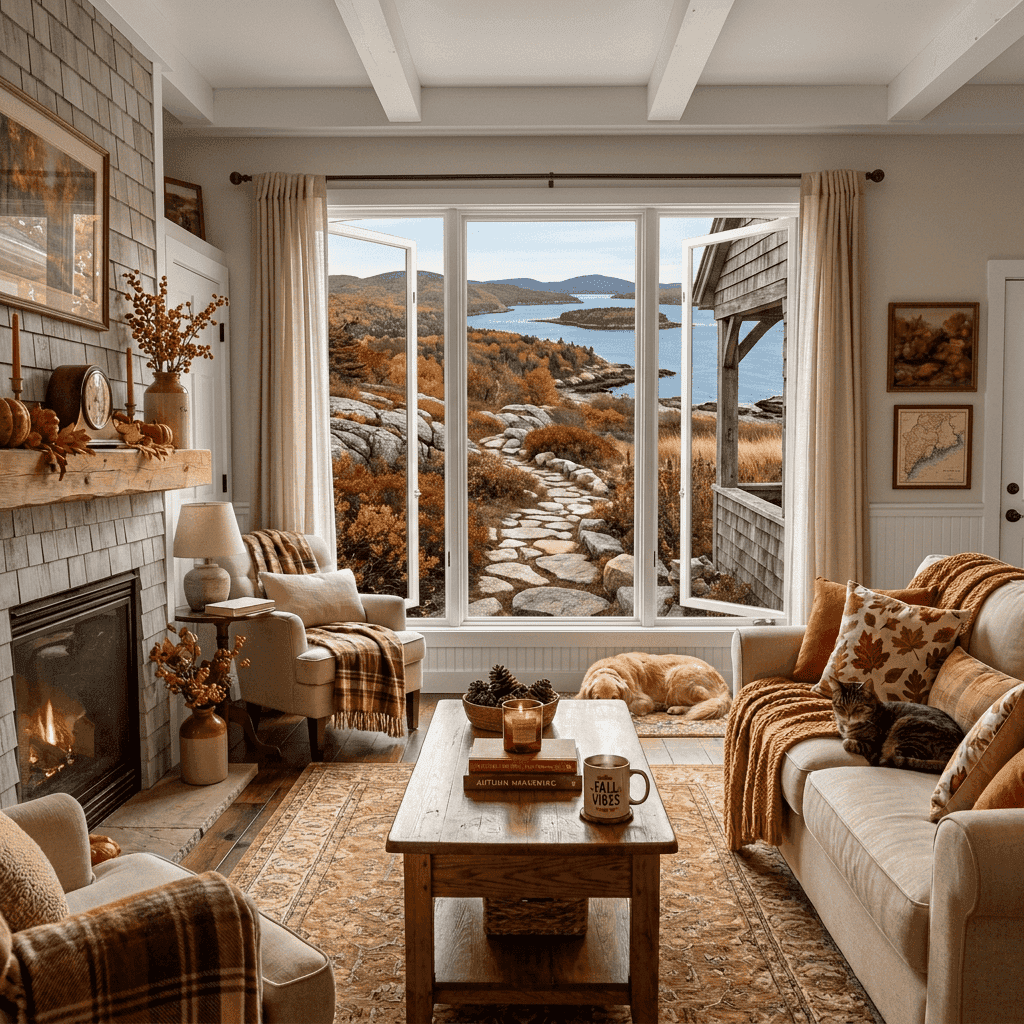 Cozy living room with fireplace, pets, and colorful autumn garden view