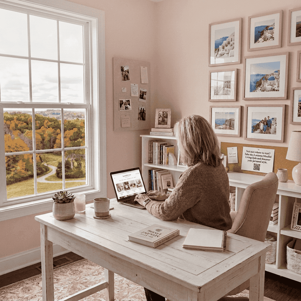 Woman working on laptop at desk beside window overlooking autumn landscape