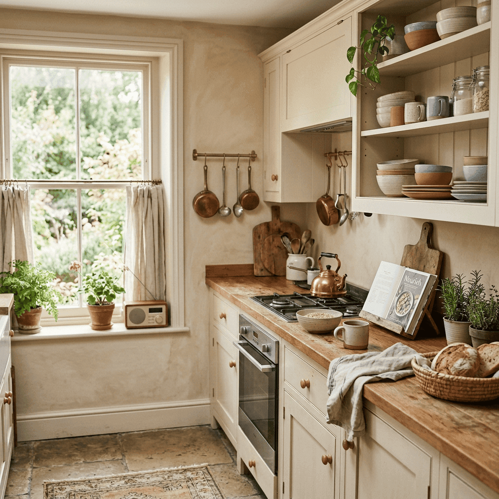 Woman stirring food in a cozy sunlit kitchen