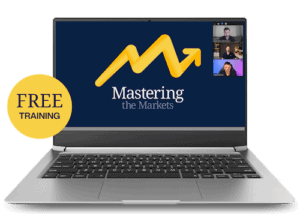 Laptop mockup with Mastering the Markets Logo and educators faces, text in yellow circle reads "free training"