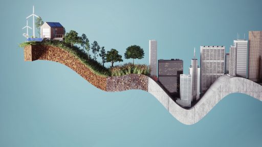 Modell einer nachhaltigen Stadt mit Windkraft und Solarenergie.