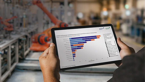 Person analysiert Produktionsdaten auf einem Tablet in einer Fabrik.