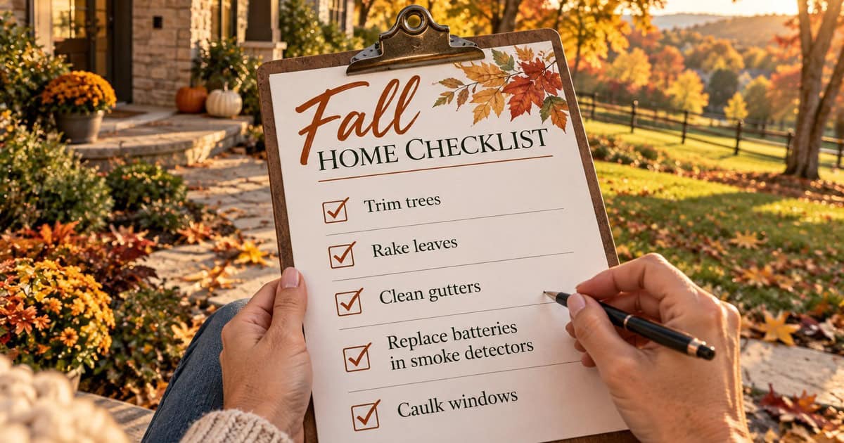 Homeowner holding a Fall home maintenance checklist clipboard with trim trees, rake leaves, clean gutters, replace smoke detector batteries, and caulk windows