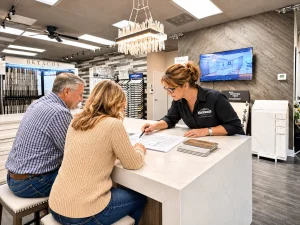 • Stanton & Co. team member reviewing a written remodeling estimate with a Fort Worth homeowner