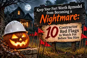 Jack-o’-lantern wearing a hard hat beside a sign reading “10 Contractor Red Flags to Watch For Before You Hire.”