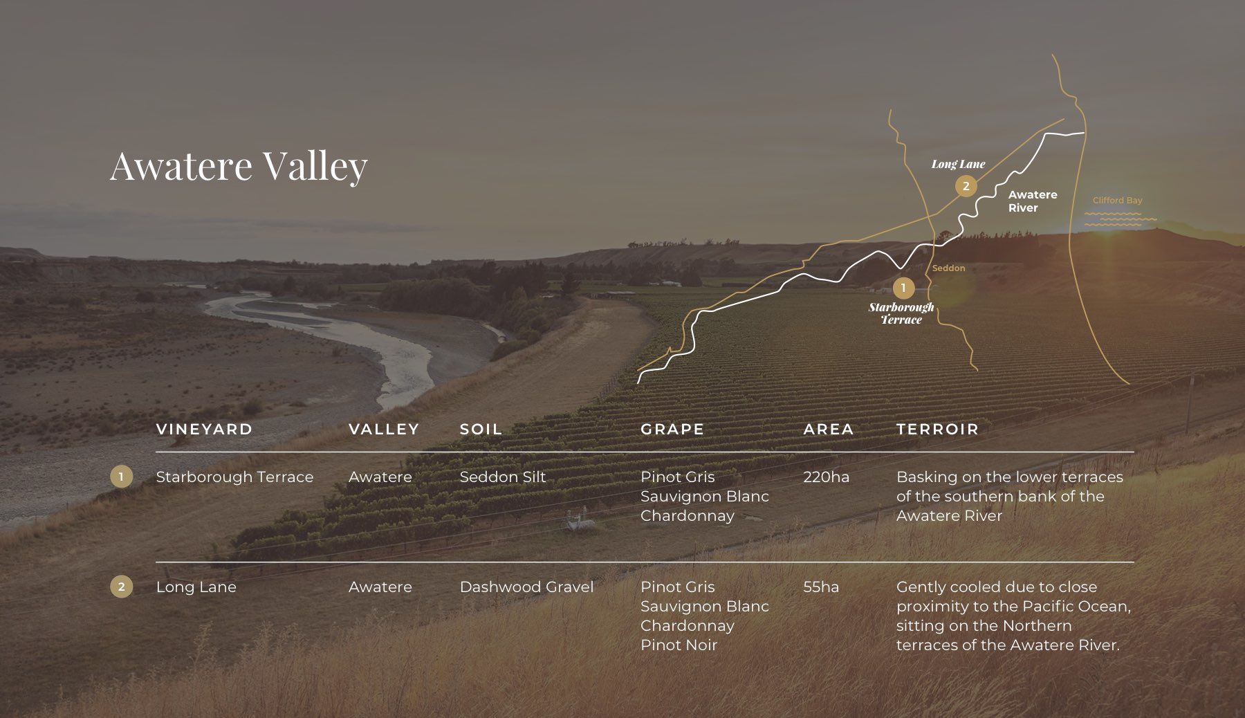 Starborough Wines vineyard landscape in Awatere Valley, showcasing scenic terraces and grape varieties like Pinot Gris, Sauvignon Blanc, and Chardonnay, with a focus on wine terroir and vineyard soil.