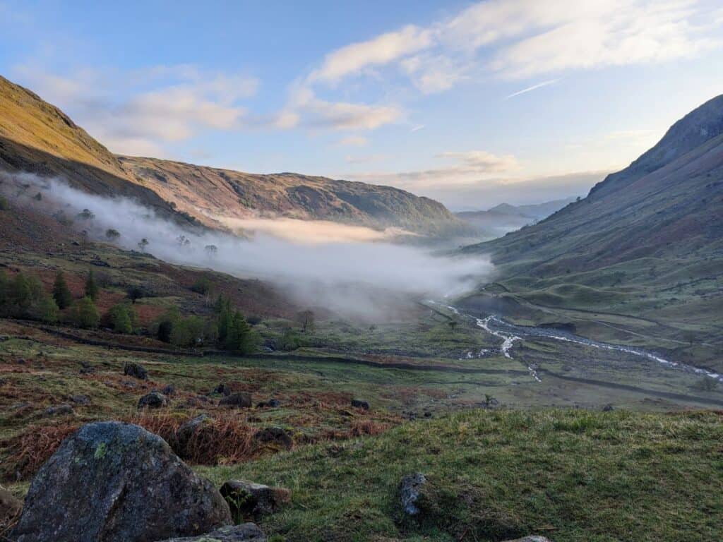 UK Camping Guide: Wild Camping, Gear & Safety Tips (2025) 10 Morning view overlooking Seathwaite, Lake District