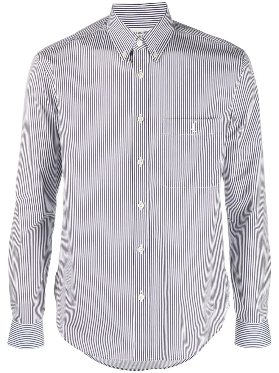Camisa social masculina riscas brancas e azuis, elegante e confortável, para ocasiões formais e casuais.