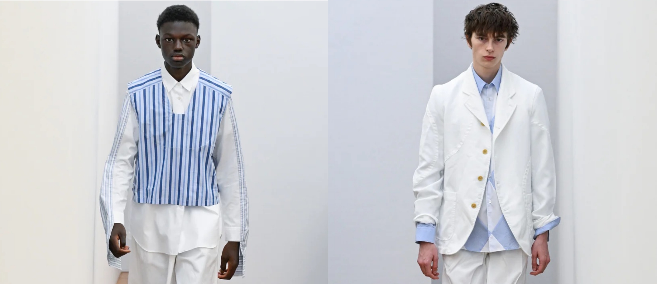 Elegante roupa masculina com estilo contemporâneo em tons de branco e azul.