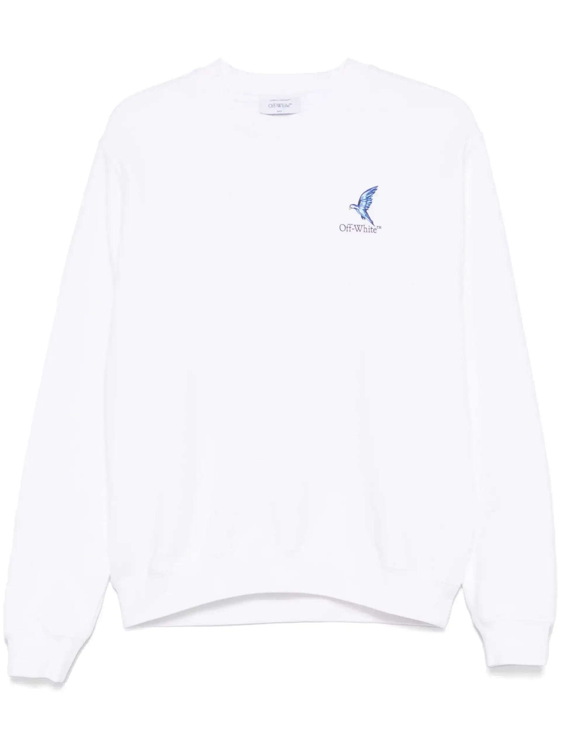 1. Suéter branco da Off-White com logotipo de pássaro azul na frente.