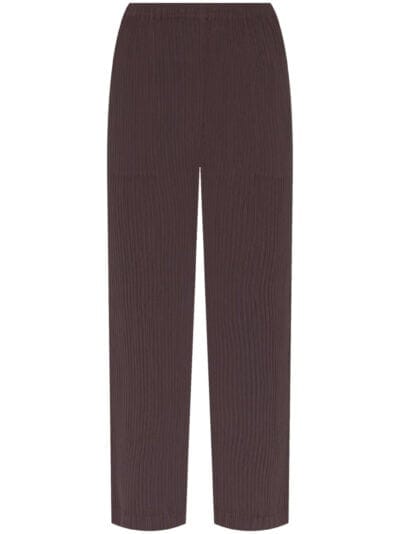 Elegante calças de malha vinho com detalhe em riscas verticais, perfeitas para um look contemporâneo.