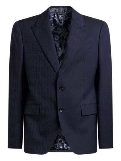 1. Blazer masculino de alfaiaria azul escuro com padrão texturizado elegante.