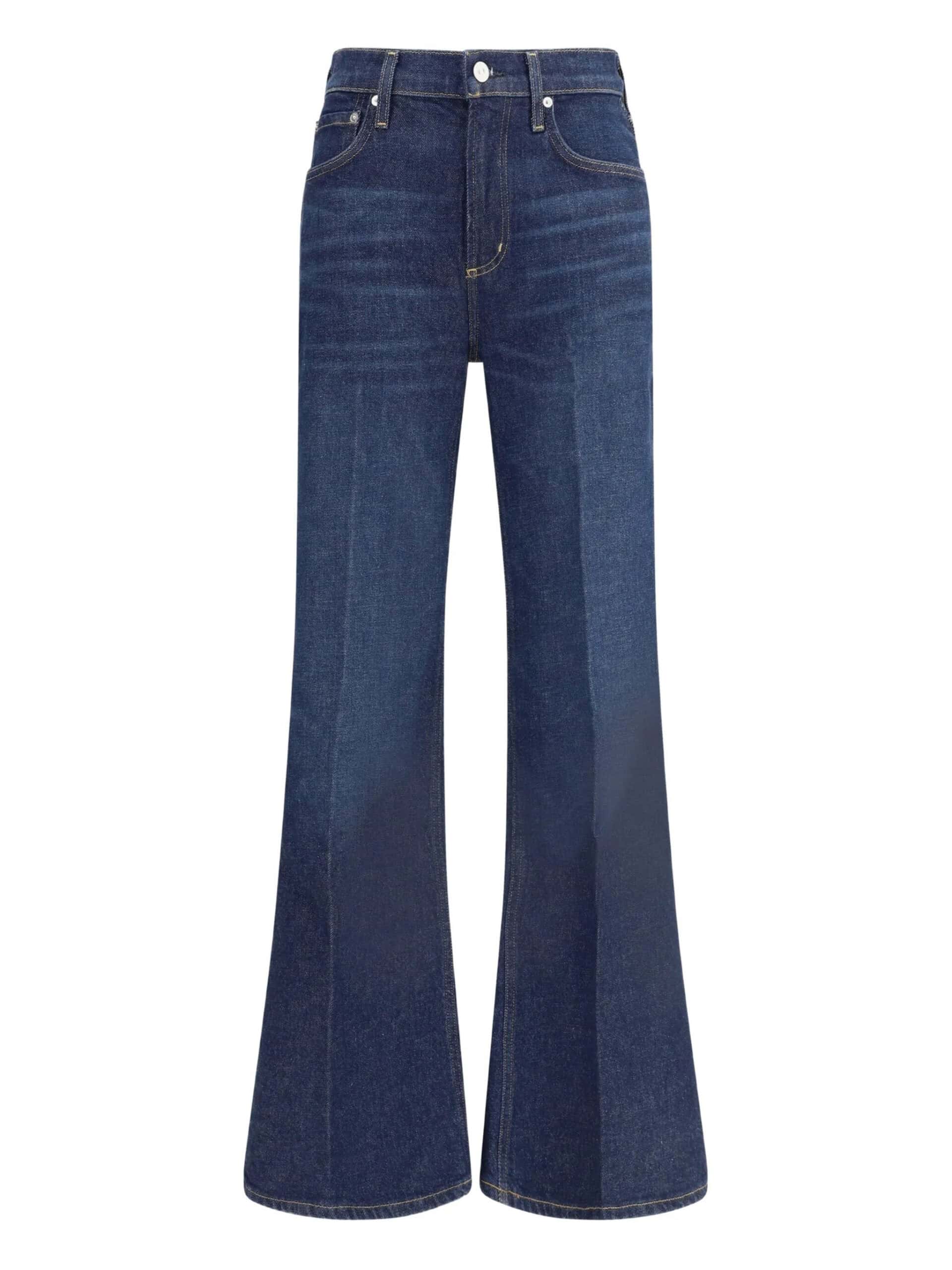 1. Calças de ganga flare azul escuro com detalhes clássicos e ajustados técnicas modernas.