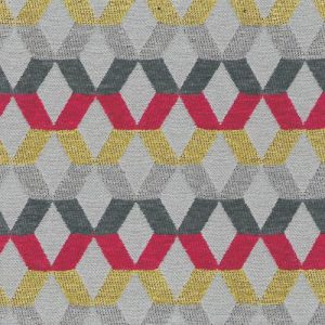 Hexagoon stoffen. Duurzame interieurstoffen met geometrisch patroon in grijs, rood en geel design.