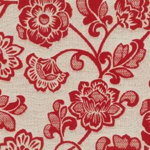 Vloerkleed met bloemmotief in rood en beige. Rood bloemmotief op beige achtergrond, perfect voor interieurdecoratie en raamdecoratie.