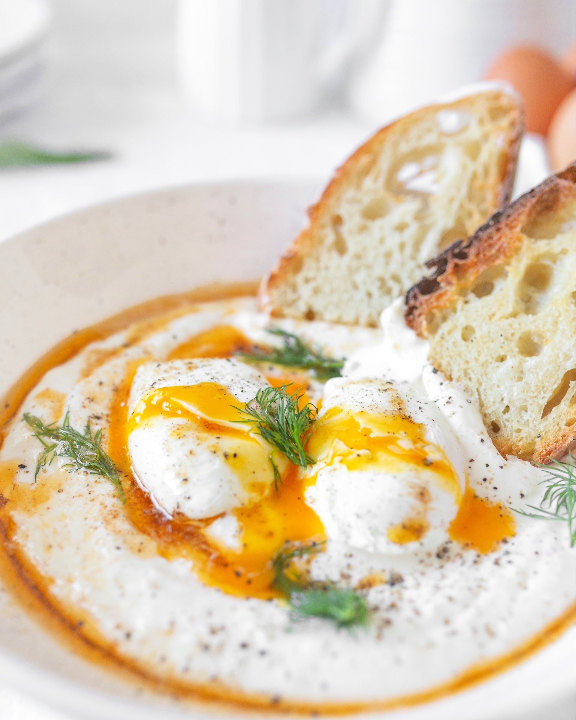 Creamy Turkish Eggs served in a bowl. 