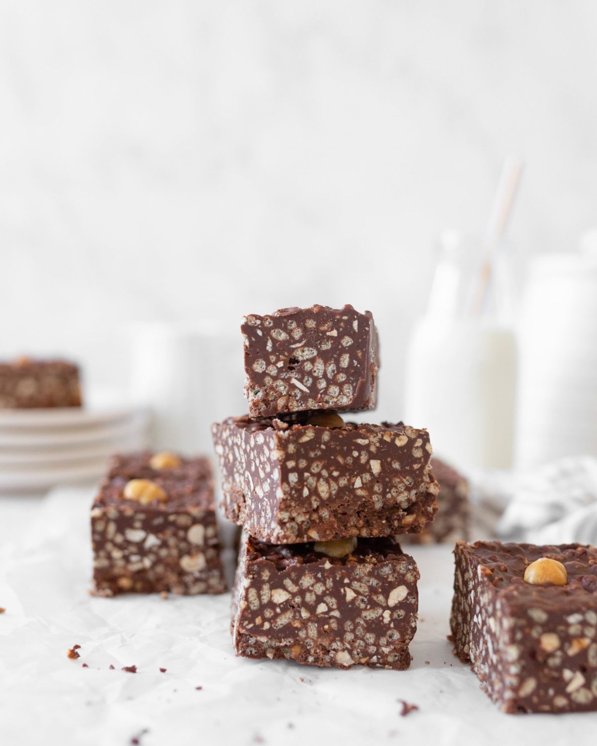 3 Chocolate Hazelnut Crunch Bars stacked on top of one another.